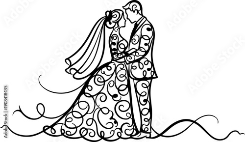 Elegant Swirls Adorn a Romantic Silhouette of a Newlywed Couple on Their Special Wedding Day Celebration