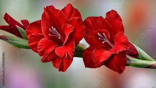 Gladiolus flowers bloom and show bright colors in a garden during summer, drawing attention from nearby insects