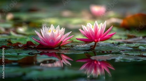 Two beautiful pink water lilies blooming on a tranquil pond surface.