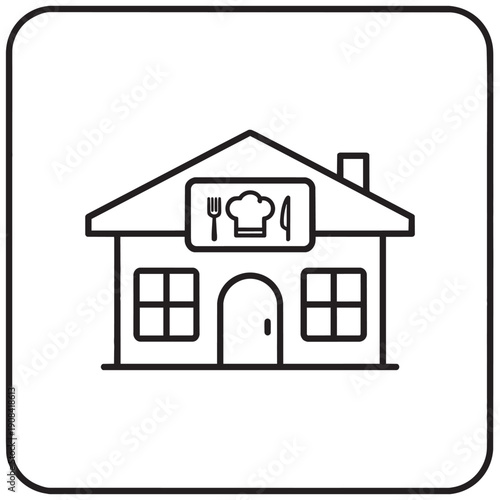 Black and white house with chef hat and utensils sign building outline