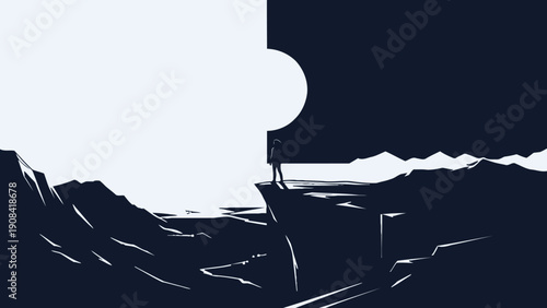 Silhouette person standing cliffside observing landscape with bright and dark sides