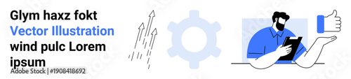 Business development, teamwork, progress tracking, analytics, strategy planning, feedback. Abstract gear and arrows, man with clipboard thumbs up icon. Business progress and teamwork concept
