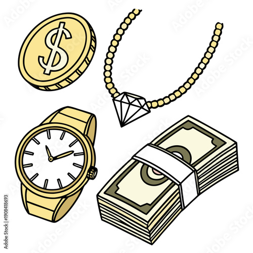 Gold coin dollar sign jewelry watch cash