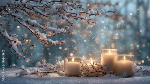 Wallpaper Mural Serene winter holiday scene with lit candles snowy branches. Torontodigital.ca