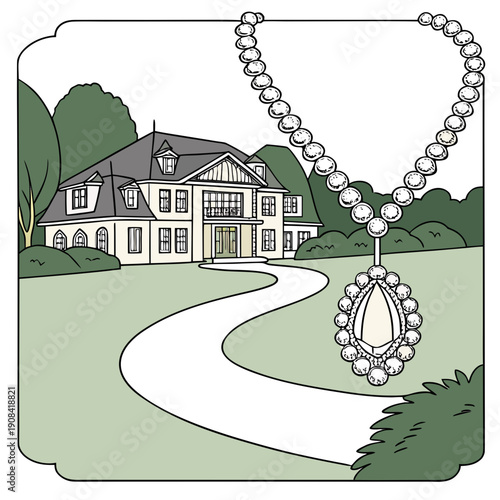 Large upscale house with pearl necklace and pendant on winding driveway