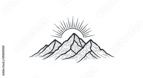 Mountain range silhouette with rising sun graphic design for outdoor concepts