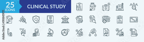 Clinical Study icon collection set with microscope, treatment, syringe and more. Simple web icons set

