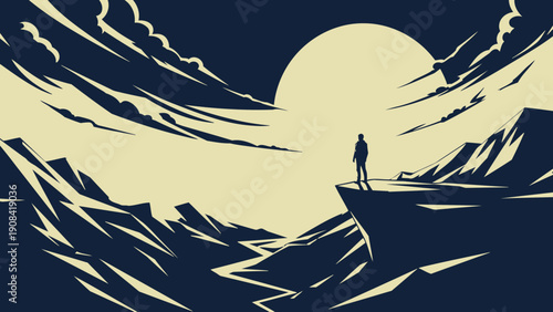 Silhouette of a person standing at the edge of a mountain cliff at sunset