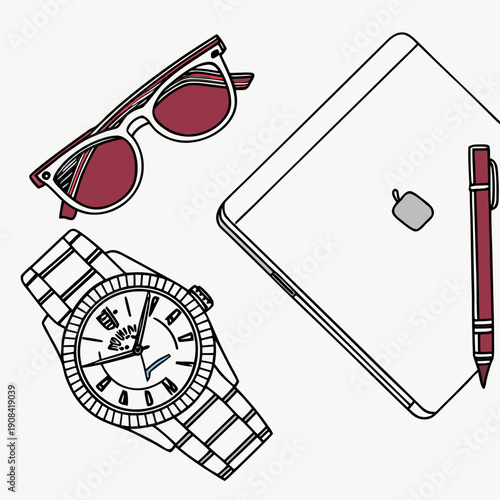 Luxury possessions watch sunglasses tablet pencil