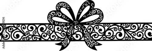 Elegant black filigree bow design concept wrapped around a decorative scrollwork ribbon element, perfect for invitations and embellishments