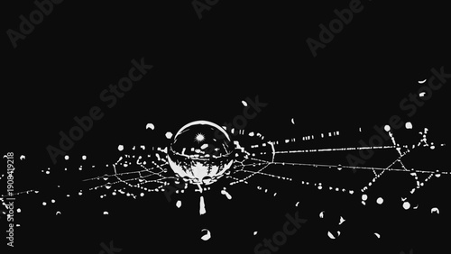 Abstract illustration of a water droplet and spiderweb against a dark background