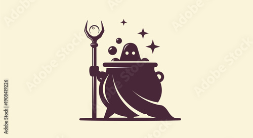 Mystical character in cauldron logo