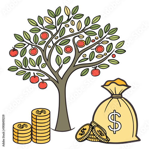 Money tree with bag of dollars and coins prosperity