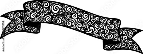 Intricate Black Floral Swirl Ribbon Banner Design with Decorative Pattern