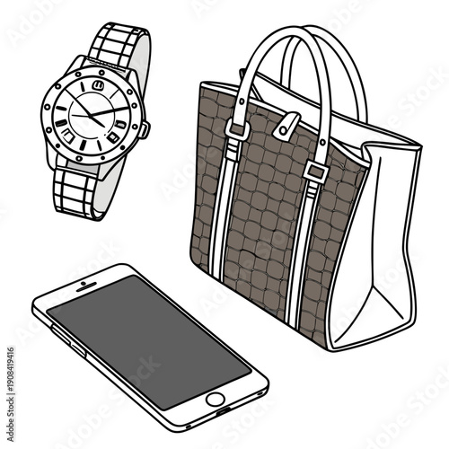 Of watch phone and crocodile skin handbag on white background