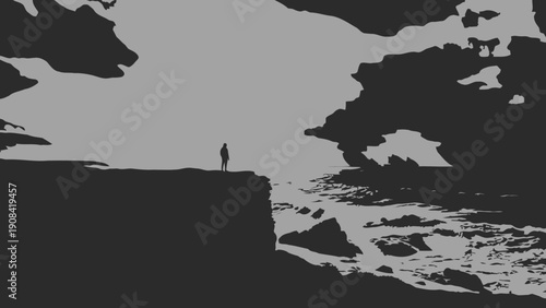 Silhouette of a person standing on a cliff overlooking a vast landscape