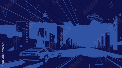 Retro futuristic cityscape with car and flying saucer against starry night sky