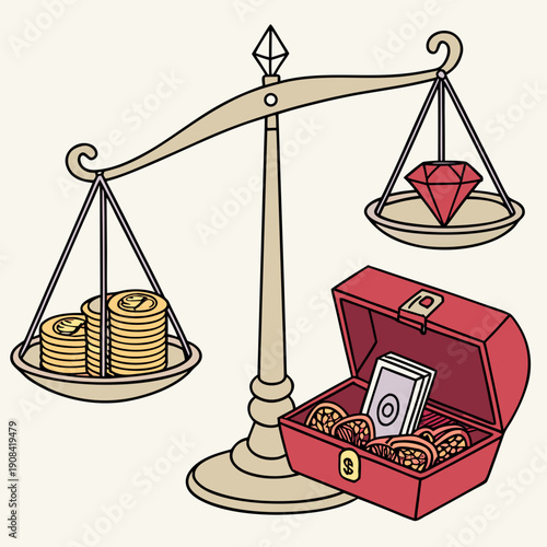 Wealth comparison scale with coins versus diamond and treasure chest