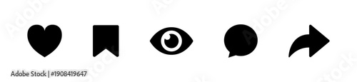 Black social media post interaction icons including like comment share icons or heart, save, favorite, bookmark, eye view, speech bubble, and share arrow notification icons set