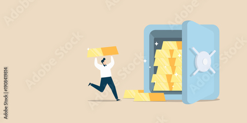 Man carrying a large gold bar away from an open safe box full of bullion, wealth management and financial success, flat art on a beige background.