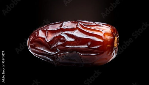 A Single Medjool Date With A Wrinkled Surface And Dark Reddish Brown Color Isolated On A Black Background