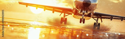 An airplane taking off against a stunning sunset backdrop, reflecting bright colors on the water's surface.