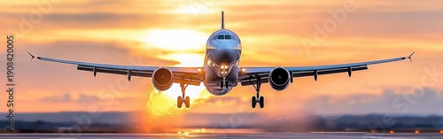 An airplane taking off against a breathtaking sunset, creating a captivating scene filled with vibrant colors and dynamic motion.