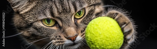A playful cat with striking green eyes interacting with a vibrant green tennis ball, showcasing its curious and playful nature.