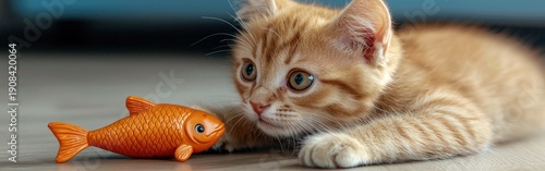 A curious kitten closely examining a playful toy fish in a cozy indoor setting.