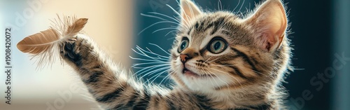 A playful kitten delightfully interacting with a feather toy under soft natural light.