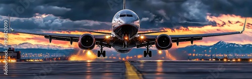 A dramatic sunset view of an airplane landing on a runway with vibrant clouds and mountain silhouettes in the background.