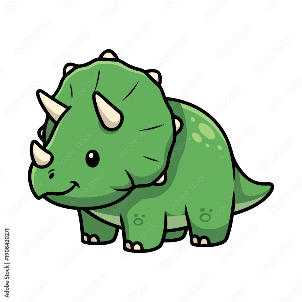 Fototapeta premium Cute Smiling Green Triceratops Dinosaur Cartoon Vector