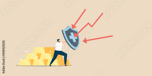 A man uses a medical shield to protect a stack of gold bars from downward red arrows. Flat art representing financial protection, wealth security, and crisis management.