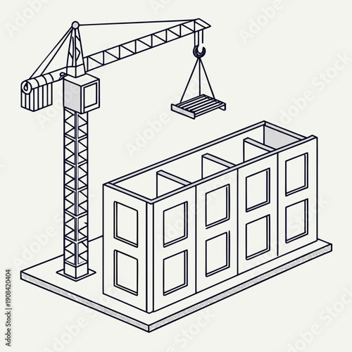 Construction Crane Lifting Prefabricated Wall Panels Flat Vector