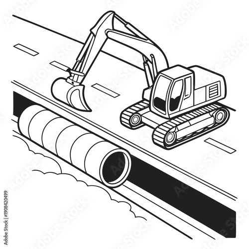 Excavator Installing Roadside Culvert Pipes, Minimal Construction