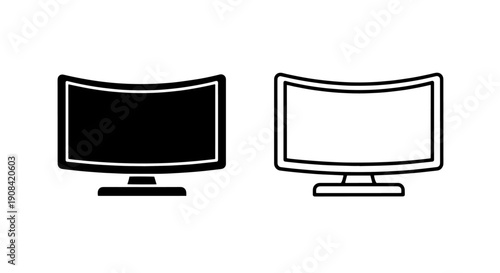 Curved Screen Computer Monitor Icons in Solid and Outline for Modern Display