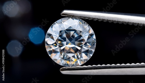 A Round Brilliant Cut Diamond Held In Tweezers