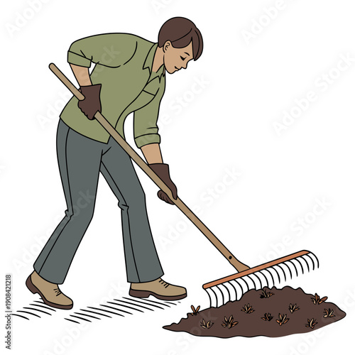 Landscaper Preparing Soil for Planting White Background