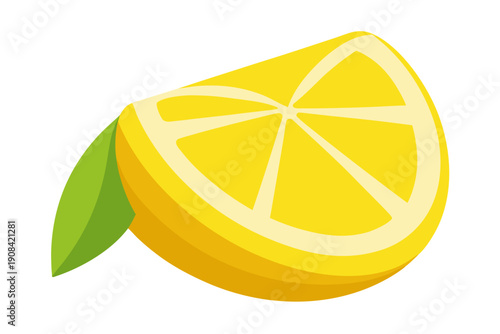 A vibrant vector illustration of a lemon wedge with a green leaf on a clean white background