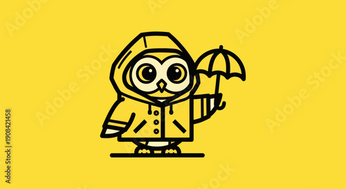 Owl illustration in raincoat with umbrella