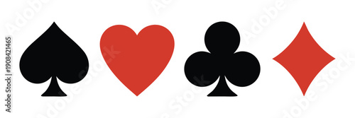 Playing card suit symbols set in black and red colors with spade heart club and diamond flat icons
