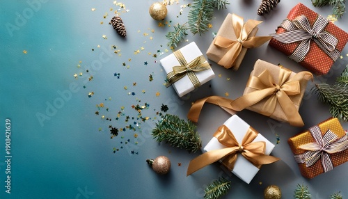 Christmas Gifts Flat Lay With Ribbon And Confetti