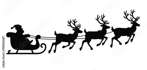 Santa claus in sleigh with three reindeer silhouette. christmas vector illustration on white background