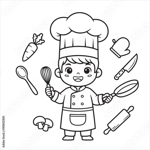 Cute Little Boy Chef Coloring Page - Kid Baker with Kitchen Utensils, Whisk, Frying Pan, and Vegetables Vector Illustration