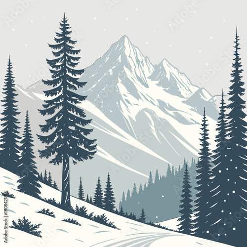 Snowy Mountain Landscape Design with Pine Trees
