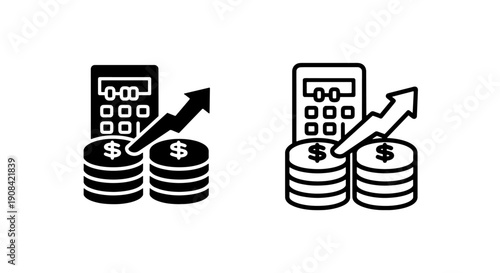 Financial Growth Icon with Calculator Coins and Up Arrow for Business Investment and Profit