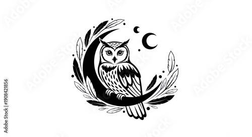 Owl illustration perched on crescent moon