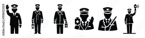 Vector set illustration of train conductor icons. Simple transport silhouette icon design collection.