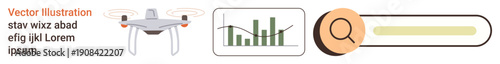 quadcopter technology, data visualization, digital analytics, search functionality, innovation, and technology integration. A Quadcopter, bar graph and a search bar visually . Drone technology