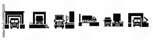 Vector set illustration of truck loading dock icons. Simple transport silhouette icon design collection.